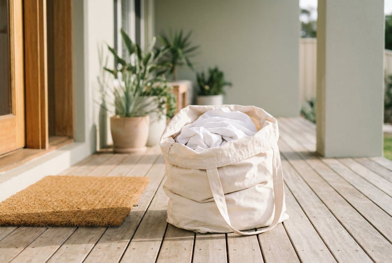 A cotton laundry bag left on a front porch beside a doormat for contactless collection