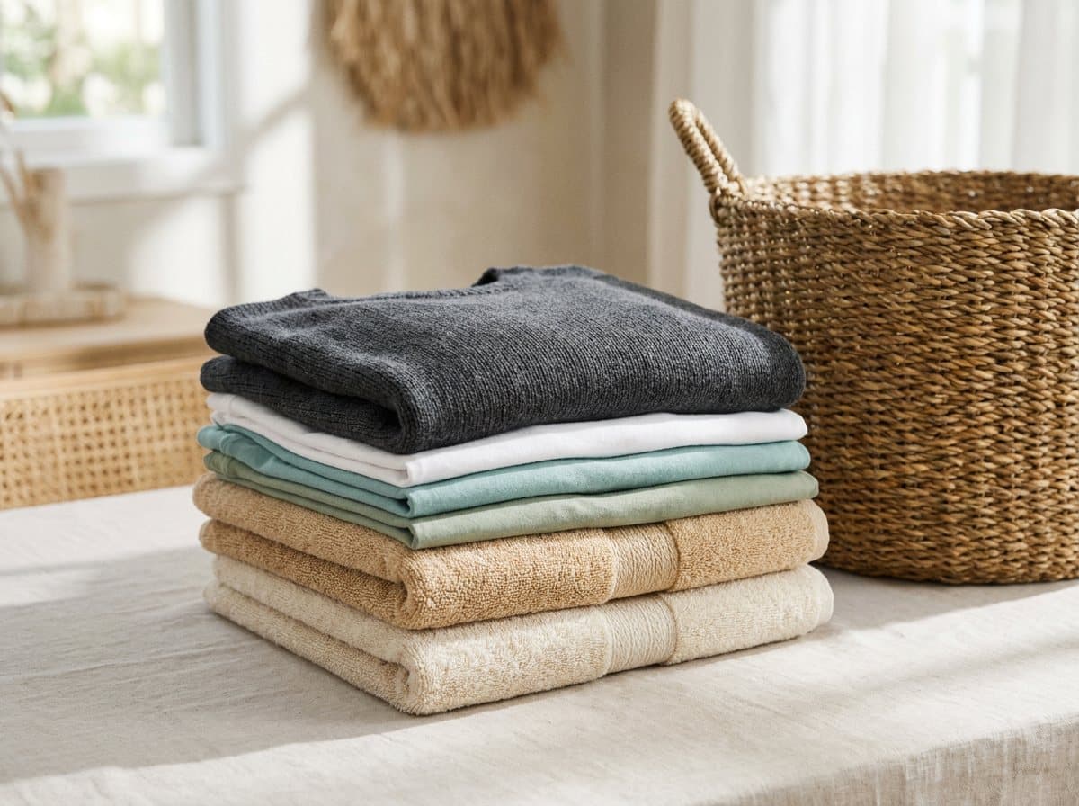 Everyday clothing and towels washed, dried and folded into a neat stack beside a woven laundry basket